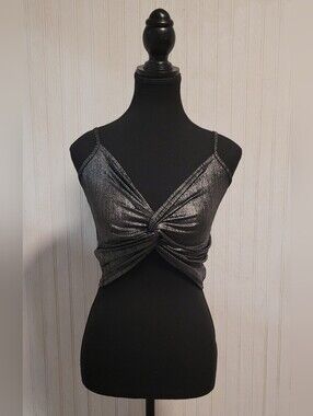 Faustini Design Milano Italy Gunmetal Metallic Vtg Y2K Stretch Crop Top Size S